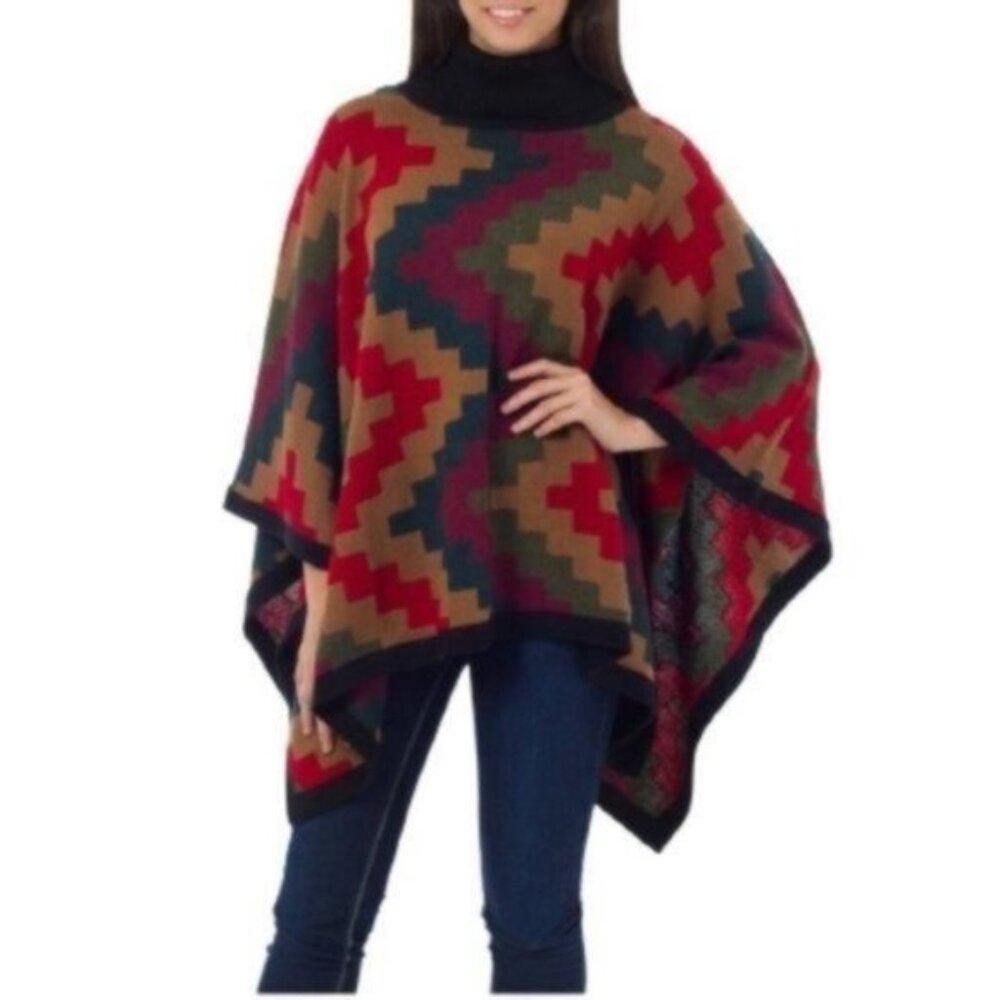 Novica | Alpaca Wool Blend Pyramids Geometric Pattern Earth Tone Sweater Poncho